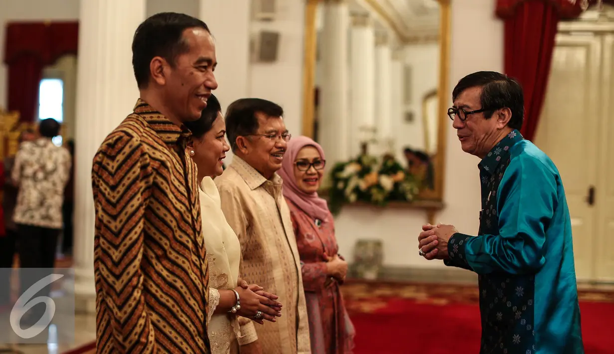 Menteri Hukum dan HAM Yasonna Laoly hadir Silaturahmi Idul Fitri 1437 H di Istana Negara, Jakarta, Senin (11/7). (Liputan6.com/Faizal Fanani)