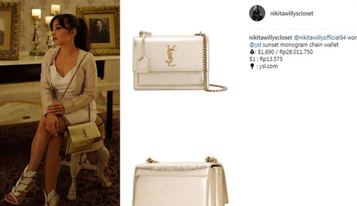 Tas milik Nikita Willy ini bermerek YSL. Tas warna emas ini berharga Rp 28 juta. (foto: instagram.com/nikitawillyscloset)