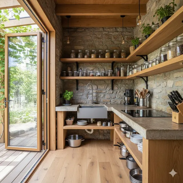 Desain Dapur Minimalis 2x3 Meter dengan Rak Kayu Gantung Ala Rustic Modern. Gemini
