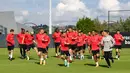 Para pemain timnas Belgia menghadiri sesi latihan menjelang pertandingan UEFA Nations League di Tubize, Selasa (7/6/2022). Belgia akan menjamu Polandia pada matchday 2 Grup 4 UEFA Nations League A 2022/23, Kamis 9 Juni 2022 dini hari WIB di King Baudouin Stadium. (BRUNO FAHY/Belga/AFP)