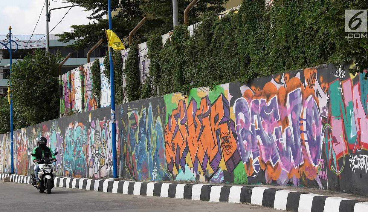 Pengendara melintasi jalur inspeksi Sungai Ciliwung di Jakarta, Kamis (27/12). Mural yang dibuat oleh beberapa komunitas tersebut menjadikan jalur inspeksi Sungai Ciliwung tampak lebih berwarna dan asri. (Liputan6.com/Immanuel Antonius)