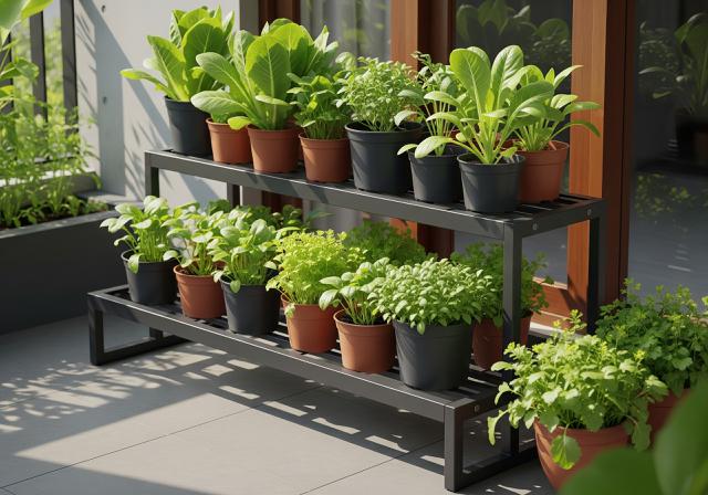 Kebun Sayur Kombinasi Pot Kecil dan Rak Besi/Inspirasi Kebun Sayur Mini untuk Teras Kecil yang Teduh (Sumber; gemini.com)