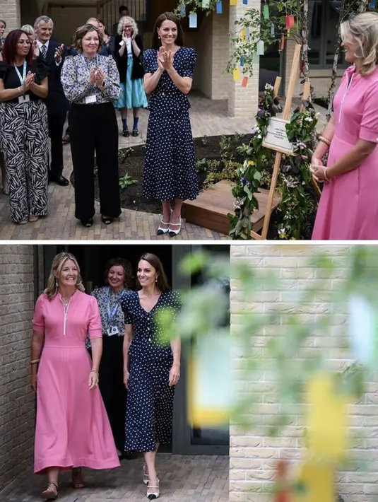 Ibu tiga anak ini juga tampil anggun dengan busana two pieces hitam, dari atasan model blazer dan rok polkadot serta platform heelsnya. @princeandprincessofwales