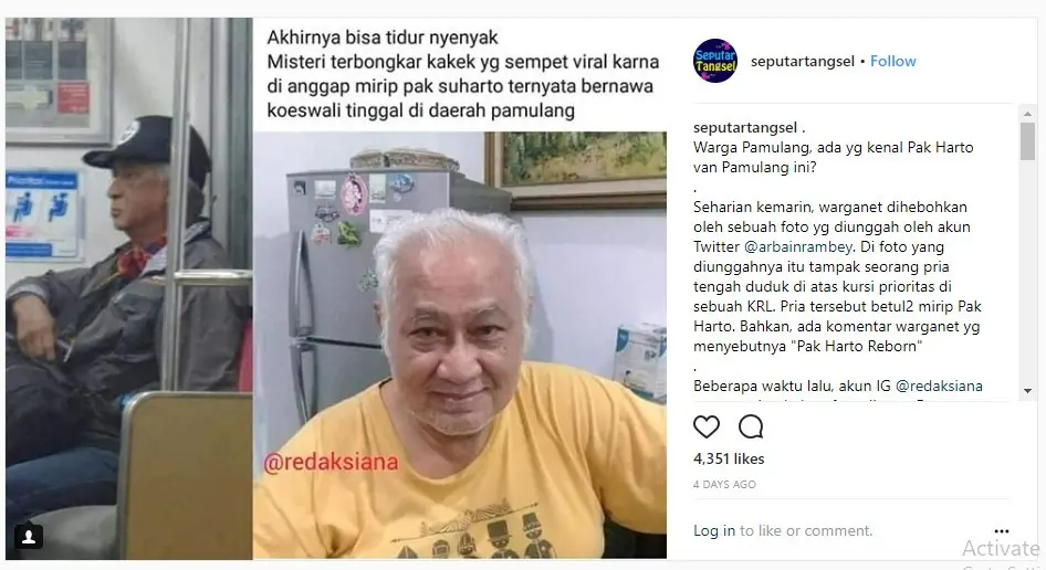 Jika dilihat dari bentuk fisik, kakek ini tampak memiliki tubuh lebih langsing dan terlihat lebih tinggi dibandingkan dengan sosok mendiang Soeharto. (Instagram seputartangsel)