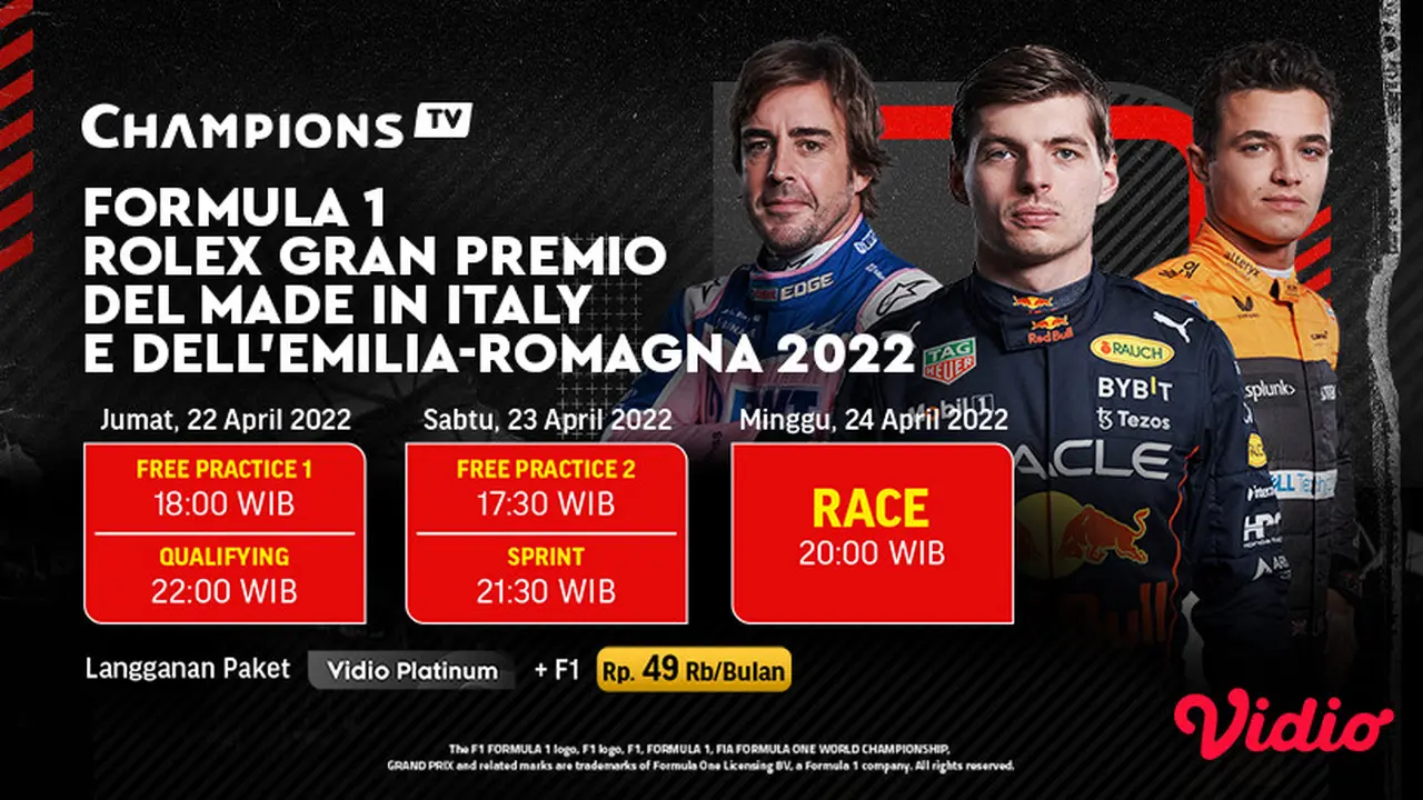 Link Live Streaming F1 GP Emilia Romagna 2022 di Vidio, 22-24 April 2022