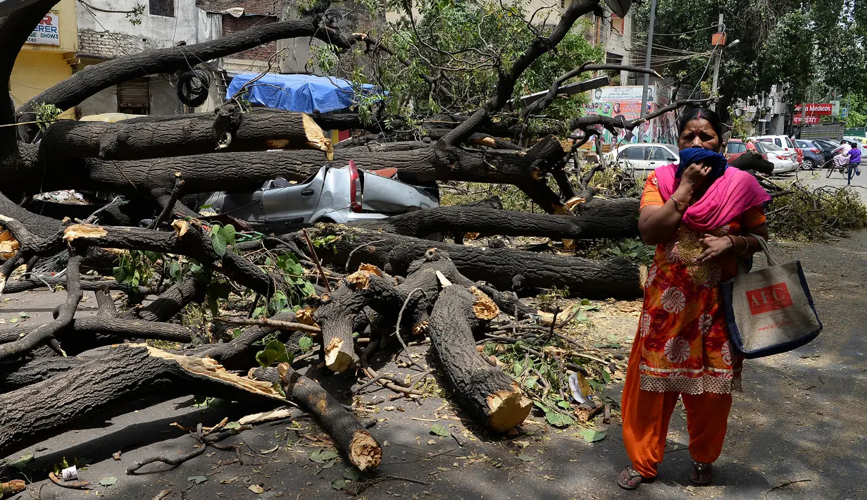 Seoarang wanita melintas di dekat mobil yang tertimpa pohon yang tumbang akibat  badai angin kencang di New Delhi, India (16/5). (AFP Photo/Sajjad Hussain)