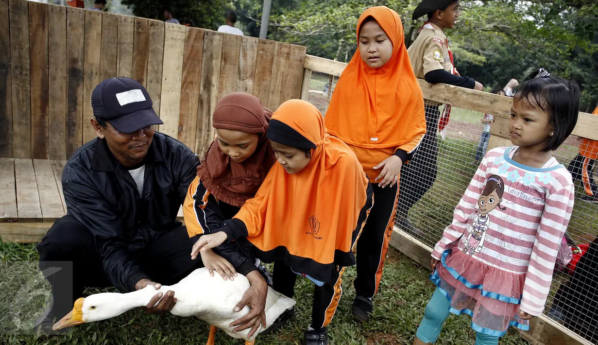 Sejumlah siswa sekolah memegang bebek pada acara Hello Nature 2016  di Bumi Perkemahan Ragunan Minggu (27/11). Kegiatan ini juga untuk mendukung edukasi gerakan 3L (Lepas, Lipat, Letakan). (Liputan6.com)