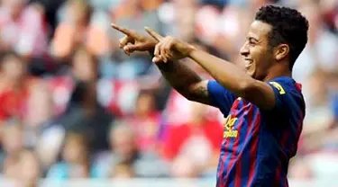 Ekspresi bintang muda Barcelona Thiago Alcantara ketika menghadapi Internacional di ajang Audi Cup di Munich, Jerman, 26 Juli 2011. AFP PHOTO/CHRISTOF STACHE