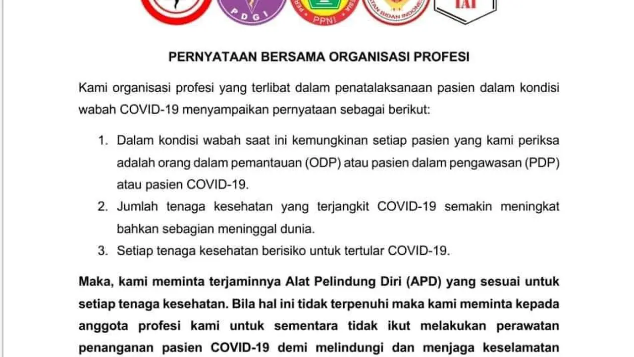 Organisasi Profesi Kesehatan Tolak Rawat Pasein Tanpa APD