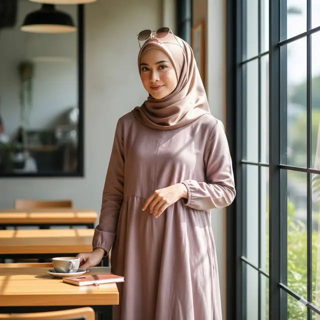 Gamis Linen Casual + Pashmina Satin Lilit Belakang