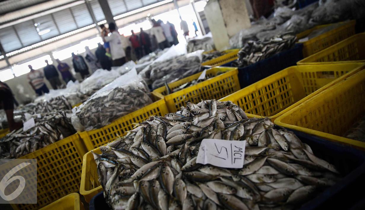 Ikan yang telah dibekukan dilelang di pelelangan ikan Muara Angke, Jakarta, Kamis (24/3). KKP Targetkan Pemanfaatan Hasil Laut Capai Rp1.000 Triliun. (Liputan6.com/Faizal Fanani)