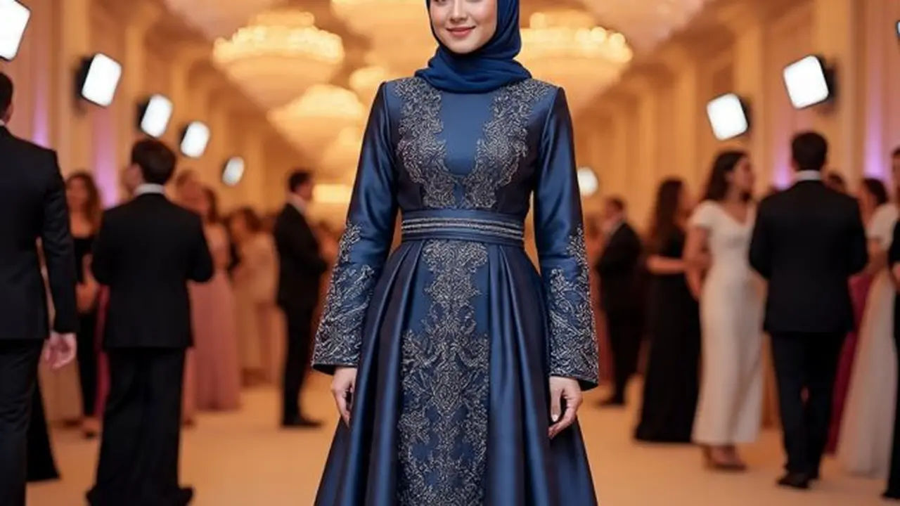 Ilustrasi Model Baju Pesta Muslimah dengan Detail Bordir (Sumber Gambar: Meta AI)