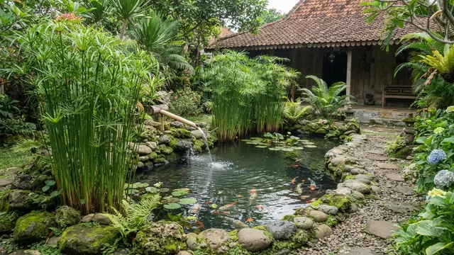 Tanaman air yang cocok untuk kolam mini bergaya Jepang model dengan tanaman papirus