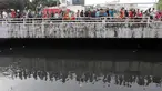 Warga melihat petugas melakukan pencarian buaya di Kali Grogol, Jakarta Barat, Jumat (29/6). Pencarian buaya sempat membuahkan hasil pada hari ketiga, namun kondisi teknis lapangan membuat predator itu kembali lepas. (Liputan6.com/Arya Manggala)