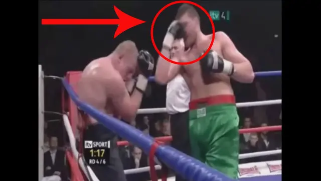 Video petinju dunia asal Inggris Tyson Luke Fury saat melawan Lee Swaby, karena emosi tinjunya mengenai muka sendiri pada tahun 2009.