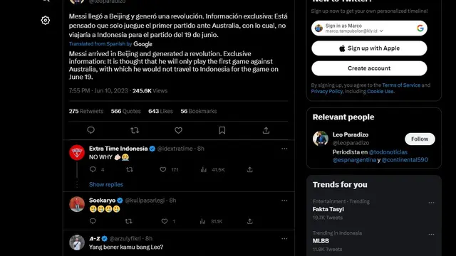 Tangkapan layar twitt wartawan ESPN Argentina, Leo Paradizo