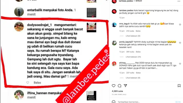 Beredar Komentar Doddy Sudrajat Minta Jatah Uang Donasi Gala Sky Dibagi Dua. (instagram.com/lambee.pedes)