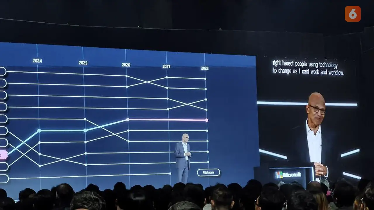 CEO Microsoft Satya Nadella saat berbicara di atas panggung dalam event Microsoft Build di Jakarta, Selasa (30/4/2024). Liputan6.com/Agustinus Mario Damar