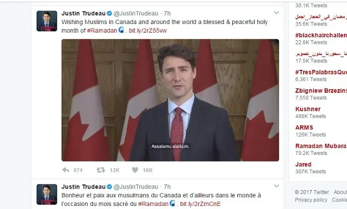 Pernyataan menyambut bulan Ramadan oleh Perdana Menteri Kanada Justin Trudeau melalui Twitter (Twitter/@JustinTrudeau) 