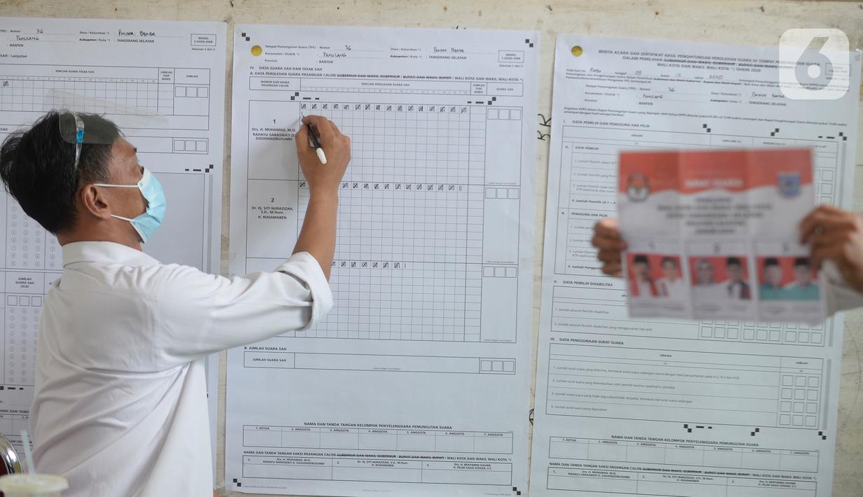 Petugas KPPS mencatat hasil penghitungan suara di TPS 36 Perumahan Griya Pamulang 2, Tangerang Selatan, Rabu (9/12/2020). Sebanyak 976.019 orang terdaftar dalam Daftar Pemilih Tetap (DPT) pada Pilkada Tangsel 2020 yang diikuti tiga pasang calon Wali Kota dan Wakil Wali Kota (merdeka.com/Dwi Narwoko)