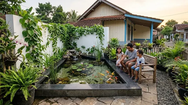 Inspirasi Kolam Sudut Berbentuk Segitiga dengan Desain Minimalis yang Bikin Halaman Kecil Terasa Luas dengan Ikan
