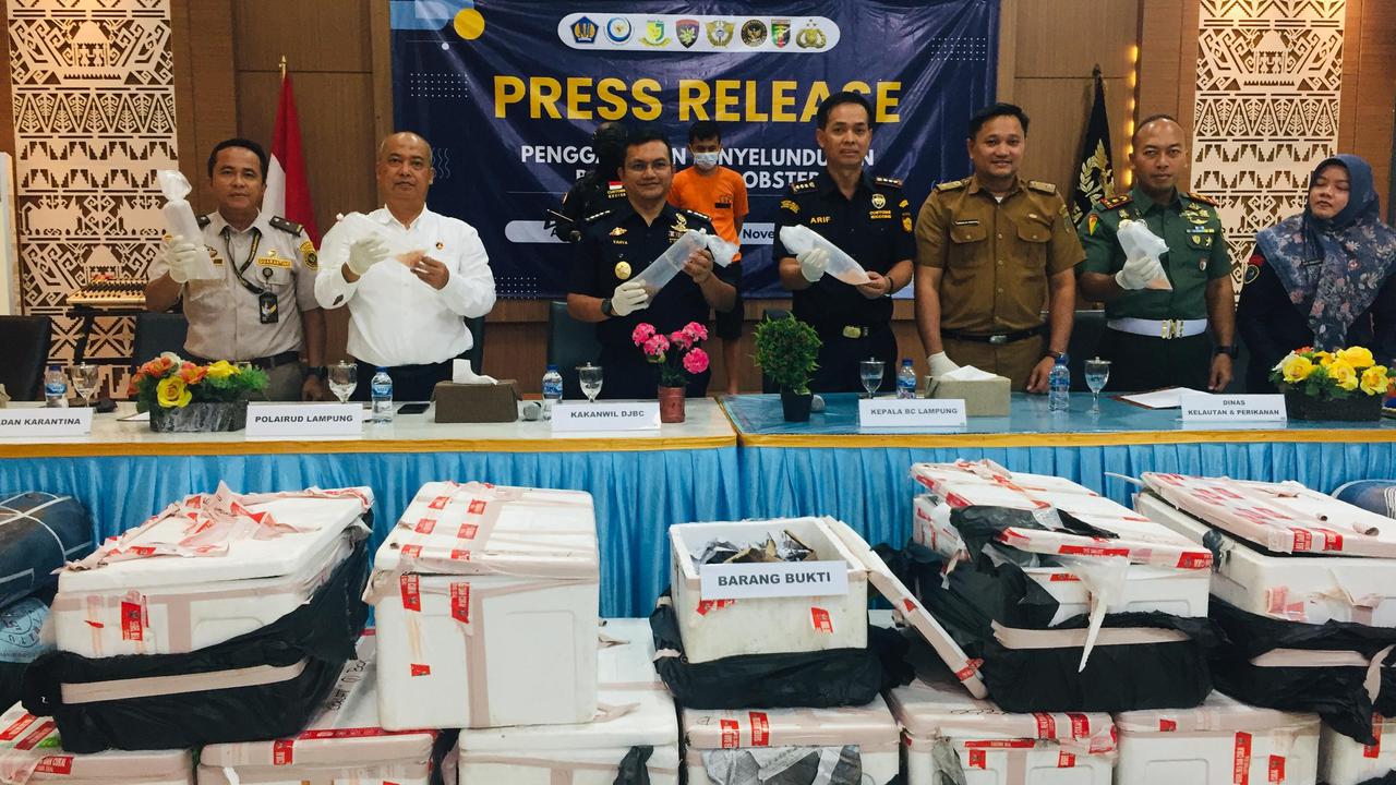 Pengungkapan kasus penyelundupan 60.883 benih bening lobster di Lampung. Foto : (Istimewa).