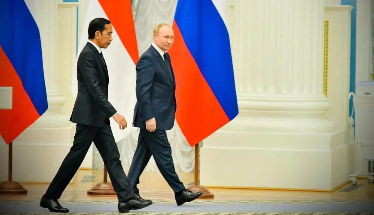 Presiden Joko Widodo (kiri) bersama Presiden Rusia Vladimir Putin usai menyampaikan pernyataan bersama di Istana Kremlin, Moskow, Rusia, Kamis (30/6/2022). Sebelum ke Rusia, Jokowi juga ke Ukraina pada Rabu (29/6). Dalam lawatan itu, Jokowi bertemu dengan Presiden Volodymyr Zelensky. (FOTO: Biro Pers Sekretariat Presiden)
