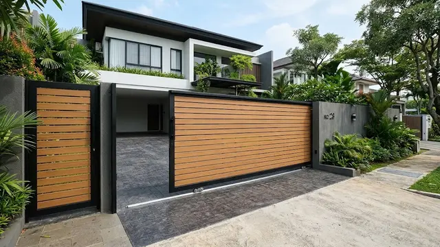 Pagar Dorong Minimalis Kombinasi Besi dan Kayu