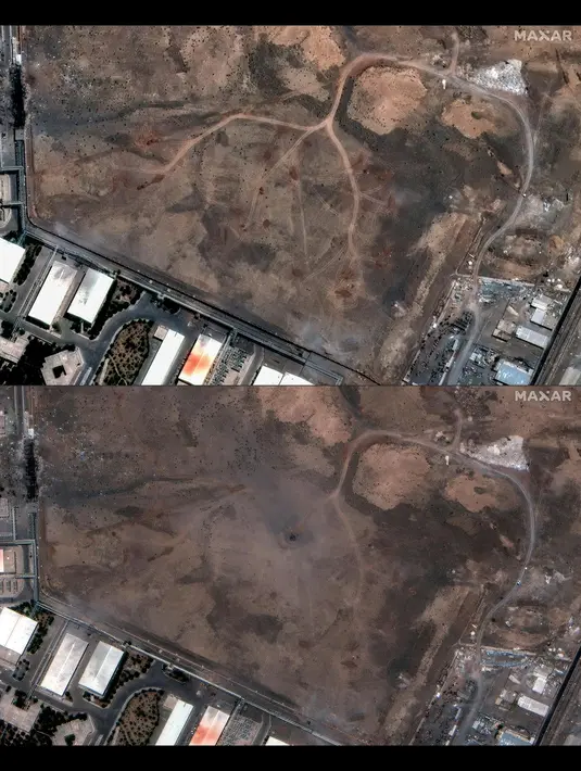 Dalam pidatonya, Trumo mengumumkan bahwa pasukan militer negara tersebut telah menghancurkan tiga fasilitas nuklir utama Iran, yakni Isfahan, Natanz, dan Fordow. (Citra satelit ©2025 Maxar Technologies/AFP)