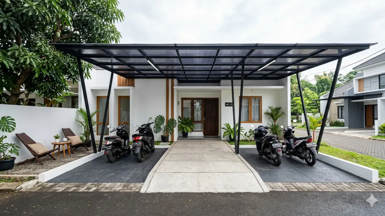 Ide Kanopi Teras Depan Rumah yang Cocok untuk Parkir Motor dan Santai. Gemini