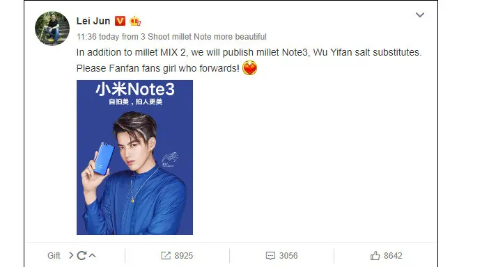 Unggahan CEO Xiaomi Lei Jun tentang Mi Note 3 (Sumber: Gizmochina)
