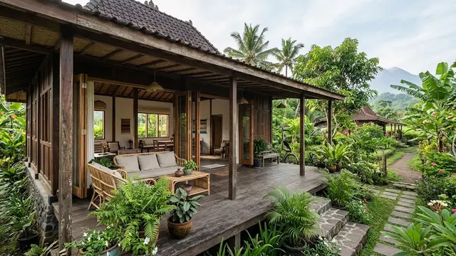 Ide Rumah Kampung dengan Bukaan Besar dan Tanaman/AI Generated