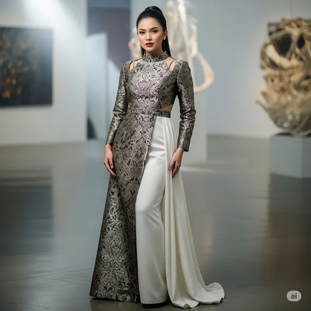 Contoh Model Brokat Dress Kombinasi Satin Dress Cut-Out Leher Tinggi Brokat-Satin. Foto: Gemini