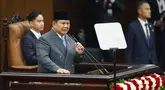 Presiden Republik Indonesia Prabowo Subianto saat menyampaikan pidato kenegaraan tahunannya menjelang Hari Kemerdekaan Indonesia di Jakarta pada 15 Agustus 2025. (Ajeng Dinar Ulfiana/POOL/AFP)