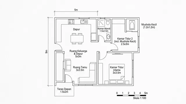 Desain Rumah 5x9 Meter untuk Pasangan Muda. Gemini