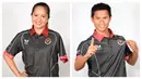 Dua atlet paralympic Indonesia, Jendi Pangabean (kanan) dari cabor para-renang dan Hana Resti dari cabor para-tenis meja berpose dengan jersey tim Indonesia saat peluncuran jersey tim Indonesia untuk Asian Para Games Hangzhou 2022 di Pendhapi Balaikota Surakarta, Jawa Tengah, Jumat (13/10/2023). (Kolase foto NPC Indonesia/Agung Wahyudi)