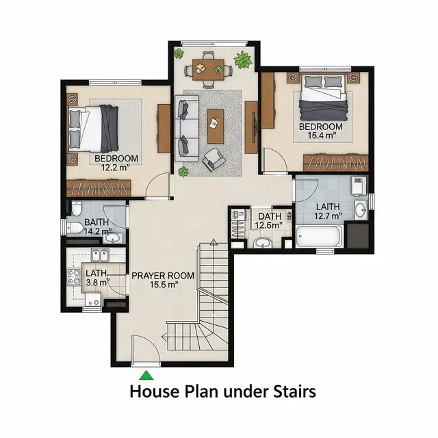 Desain Rumah 2 Kamar Tidur dengan Mushola di Bawah Tangga