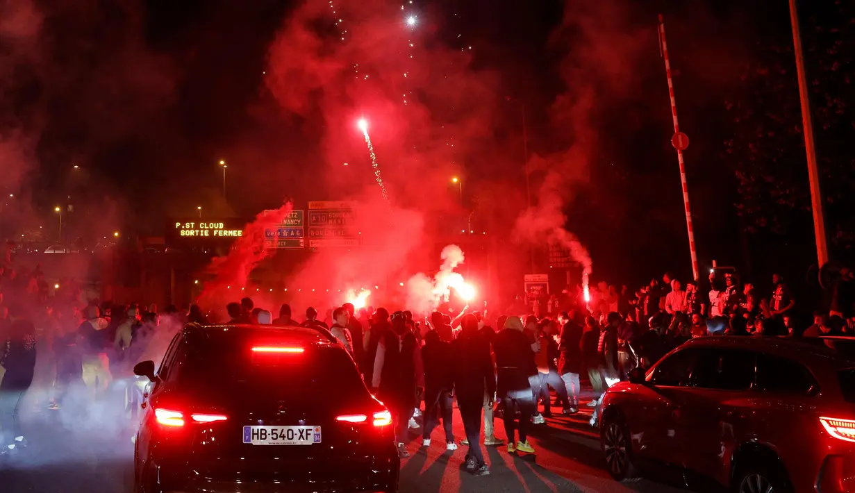 PSG memastikan langkah ke final Liga Champions 2024/2025 usai mengandaskan perlawanan Arsenal pada pertandingan leg kedua semifinal Liga Champions 2024/2025 di Stadion Parc des Princes, Paris, dengan skor 2-1 dan agregat 3-1, pada 7 Mei 2025 waktu setempat atau Kamis (8/5/2025) WIB dini hari. (GEOFFROY VAN DER HASSELT/AFP)