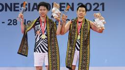 Gelar di Indonesia Open 2021 merupakan gelar ketiga berurutan bagi Marcus Gideon/Kevin Sanjaya. Dua Gelar sebelumnya diraih pada edisi 2018 dan 2019. Pada Edisi 2020 Turnamen Bulu Tangkis Indonesia Open dibatalkan akibat wabah Pandemi COVID-19. (Dok. PBSI)