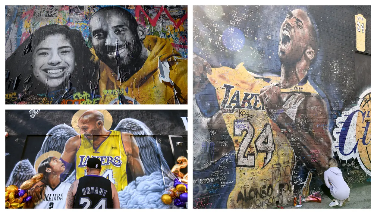 Satu tahun berlalu saat kepergian bintang basket NBA LA Lakers, Kobe Bryant bersama putrinya, Gianna dalam sebuah kecelakaan helikopter di Los Angeles, California, 26 Januari 2020. Karya seni berupa lukisan mural dipersembahkan untuk mengenang sang bintang. (Kolase Foto AFP)