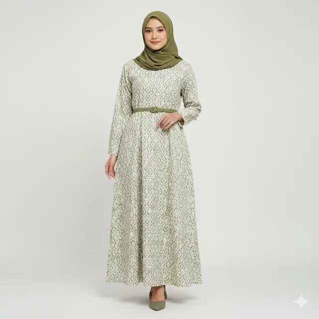 Model Gamis Batik Kombinasi Polos Warna Olive Cocok untuk Lamaran Sederhana. Gemini