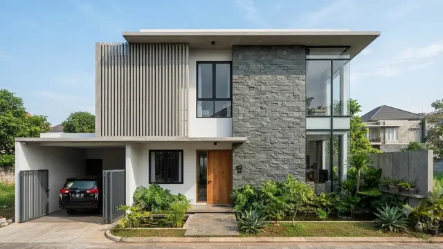 Model Fasad Rumah dengan Perpaduan Roster dan Batu Andesit yang Elegan