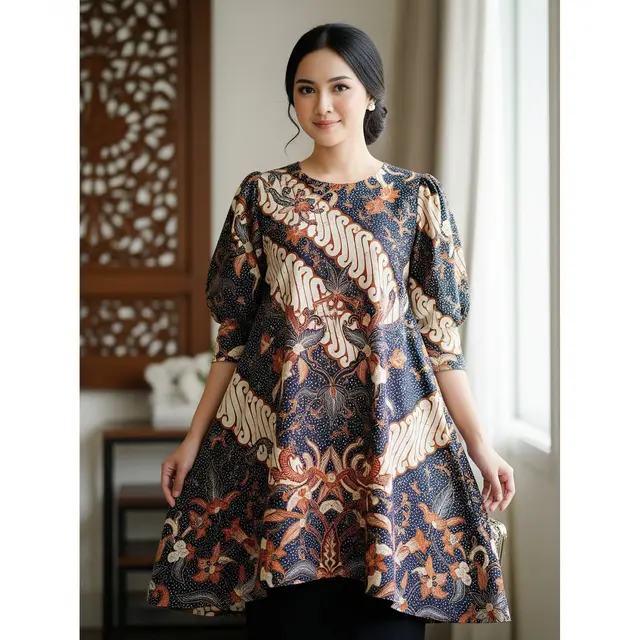 Tunik Batik Lengan Puff Longgar (A-Line)