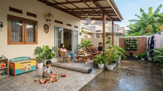 Desain area belakang rumah kecil agar multifungsi model dengan tempat bermain anak dan ruang keluarga