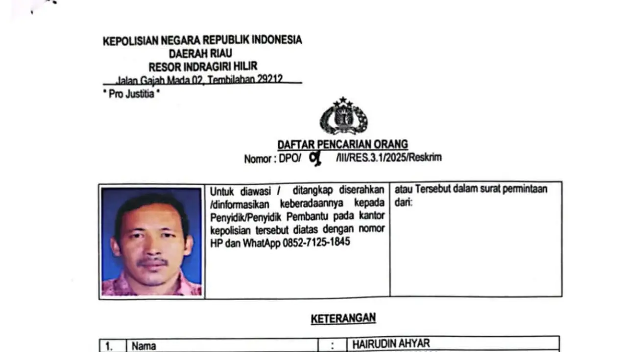 Surat daftar pencarian orang mantan kepala desa di Kabupaten Indragiri Hilir yang melarikan dana desa Rp1,3 miliar.