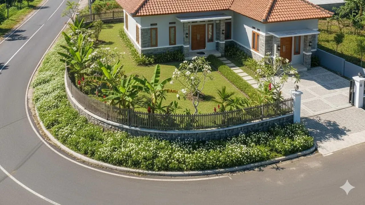 Desain Landscape Rumah di Desa Dekat Jalan Raya. AI