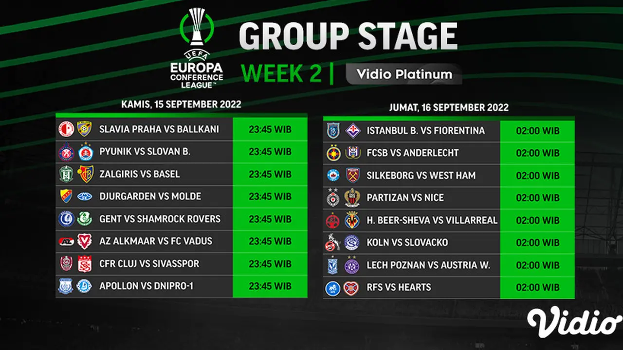 Link Live Streaming Liga Konferensi Eropa Matchweek 2 di Vidio, 15-16 September