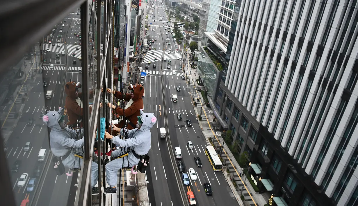 Para pekerja mengenakan kostum babi hutan dan tikus saat membersihkan kaca jendela  sebuah gedung di Tokyo, Kamis (19/12/2019). Hal ini mereka lakukan untuk merayakan bahun baru Imlek 2019 di Tahun Babi Tanah dan menyambut Tahun Tikus pada 2020. (Photo by CHARLY TRIBALLEAU / AFP)