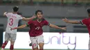 Pemain Timnas Indonesia U-23, Septian David Maulana merayakan gol ke gawang Suriah U-23 pada laga persahabatan di Stadion Wibawa Mukti, Bekasi, Rabu (16/11/2017). Indonesia kalah 2-3. (Bola.com/NIcklas Hanoatubun)