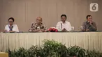 Menlu Retno LP Marsudi, Menko PMK Muhadjir Effendi , Menkominfo Johnny G Plate dan Menteri Kesehatan Terawan Agus Putranto pada acara forum pimred di Jakarta, Selasa (3/3/2020). Acara membahas permasalahan aktual yang terjadi di Indonesia salah satunya virus corona. (Liputan6.com/Faizal Fanani)